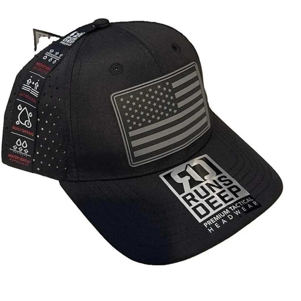 Runs Deep Premium Tactical American Flag Black Moisture Perforated Mesh Snapback